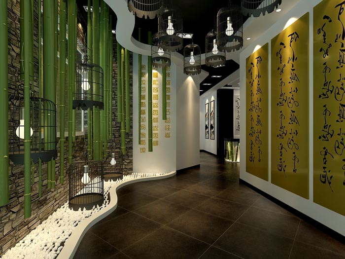 中式风格茶楼茶室背景墙装修设计案例效果图